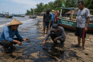 Nelayan Temukan Ceceran Diduga Minyak di Pantai Cemara Jaya Karawang